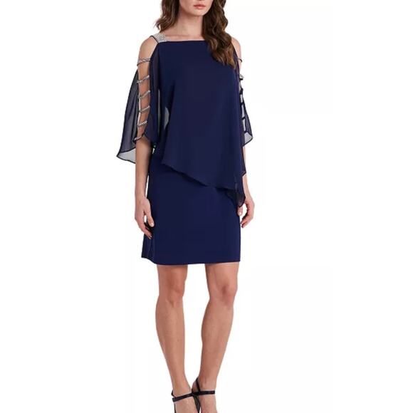MSK Embellished Dress Split Sleeve Chiffon Overlay Blue Sz XL Cocktail Holiday - Picture 1 of 14